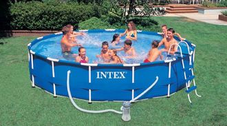 Круглый каркасный бассейн Metal Frame Pools 366х99см + фильтрующий насос (2000л/ч) и лестница Intex 28218